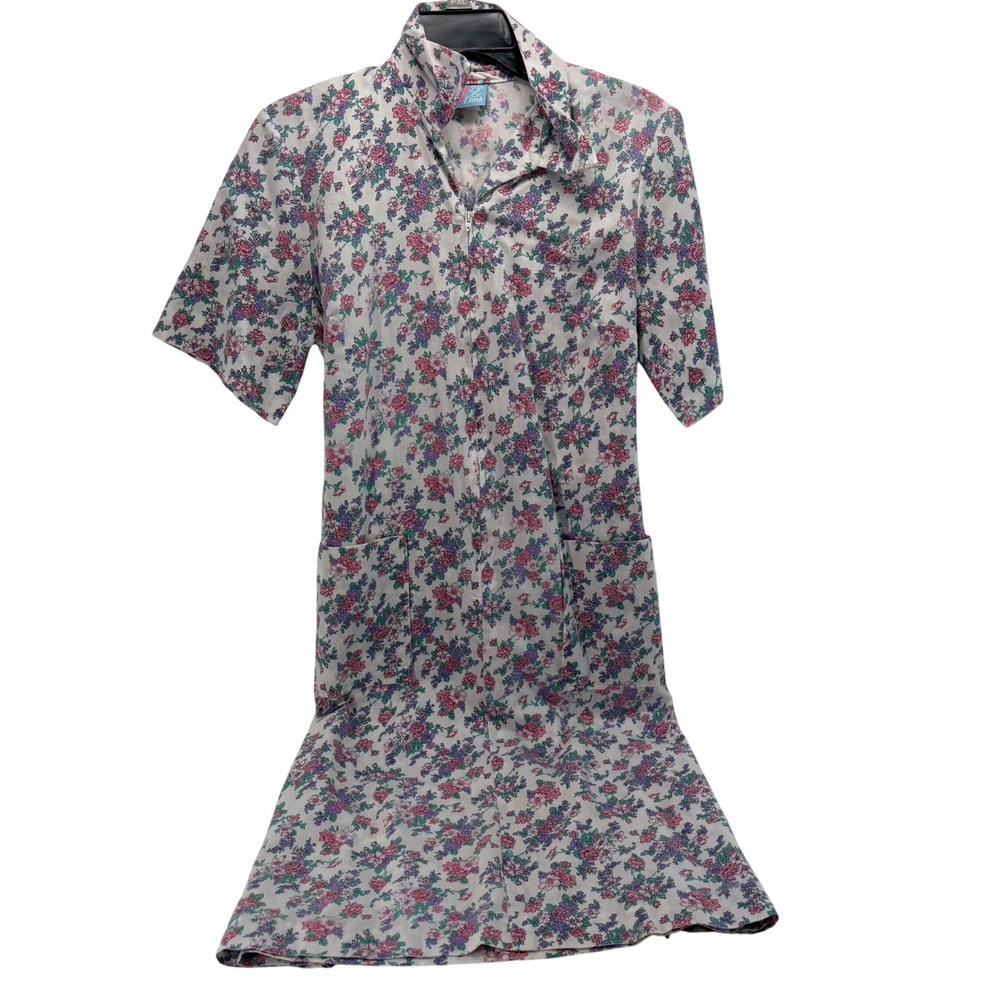 Vintage Zip & Dash Floral House Dress Zip Front Pockets Made in USA White Pink M